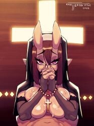 1boy 1girls armwear breast_press breasts brown_hair female female_focus gattles hands-free horns long_hair looking_at_viewer male mana_(florazarts) narrowed_eyes nun nun's_habit oni oni_horns original paizuri pink_eyes pointy_ears pov pov_eye_contact praying rosary smiling_at_viewer titjob