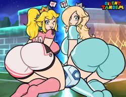 2girls ?! alternate_costume ass ass_focus big_ass big_breasts blonde_female blonde_hair blue_eyes blue_shorts blush breasts brown_hair bubble_ass bubble_butt clothed clothing duo female female_only football football_player football_uniform fully_clothed large_ass long_hair looking_at_viewer looking_back mario_(series) mario_strikers nintendo princess_peach princess_rosalina seductive shorts silenttandem smile soccer soccer_ball socks sports_uniform sportswear thick_thighs voluptuous white_shorts wide_hips