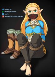 angry blonde_hair blue_eyes blue_toenails bondage breath_of_the_wild cloth_gag feet gag human hylian hylian_ears pointy_ears princess_zelda rodrigo_tckl rope_bondage the_legend_of_zelda toeless_legwear toenail_polish zelda_(breath_of_the_wild)