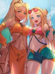 2girls blonde_hair blue_eyes clothed clothing dark-skinned_female dark_skin green_eyes league_of_legends light-skinned_female light_skin nail_polish nidalee ocean_song_nidalee ocean_song_seraphine outside pink_nails pool_party_series seraphine_(league_of_legends) sky sunglasses tagme