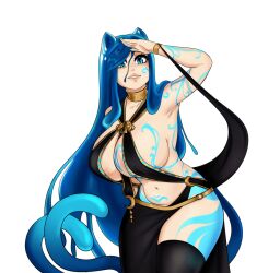 1girls artwithmoira big_breasts blue_eyes blue_hair body_markings bracelet cat_ears choker corruption_of_champions corruption_of_champions_ii dancer_outfit female goo_hair harem_outfit monster_girl nihara_(coc2) slime_girl tail thick_thighs