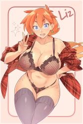 blue_eyes bra earrings flannel freckles gardnerverse large_breasts liz_gardner low_ponytail nipples panties partially_clothed peace_sign pubic_hair red_hair see-through smile thighhighs v x-teal