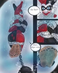 1girls batman_(series) black_toenails bondage dc dc_comics drowning feet foot_fetish foot_focus gag harley_quinn harley_quinn_(classic) shin_designs text toenail_polish underwater water