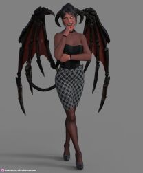 1girls 2020 3d arturiousdesign black_hair black_high_heels clothed clothing curved_horn demon_girl demon_tail demon_wings devil devil_girl female female_only high_heels horns long_tail looking_at_viewer milf office_lady pantyhose pinup red_body red_skin see-through see-through_clothing see-through_top short_hair skirt slushe_(website) smile solo solo_female tail wings