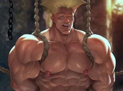 1boy abs arms_tied arms_tied_behind_back bara bara_tiddies bara_tits big_muscles big_nipples blonde_hair blue_eyes bodybuilder buff chest_hair erect_nipples guile hairy_chest heavy_sweating henry_partum huge_muscles huge_pecs human human_only imminent_nudity jawline luxuris male male_chest male_nipples male_only mouth_open muscles muscular muscular_male muscular_shoulders nipples no_eyebrows open_mouth pecs pectorals six_pack solo solo_focus solo_male street_fighter street_fighter_v sweat sweatdrop sweating sweaty tied_arms tied_up topless upper_body_only veiny_biceps veiny_muscles