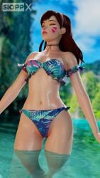 1girls 3d bikini blender brown_hair d.va female female_only fully_clothed hana_song long_hair overwatch revealing_clothes sioppx solo swimsuit tropical wet_skin