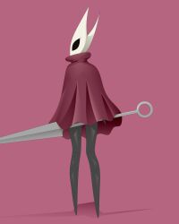 1girls black_body black_eyes cloak clothed clothing coat empty_eyes etcaos eyelashes female female_only hi_res holding holding_object holding_weapon hollow_knight horn hornet_(hollow_knight) horns insect insect_girl looking_at_viewer looking_back rear_view simple_background solo standing video_games weapon