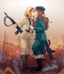 2girls axis_powers_hetalia belgium_(hetalia) blonde_hair brown_hair elizaveta_hedervary female female_only gun hungary_(hetalia) kissing lesbian_kiss military military_uniform uniform unknown_artist yuri