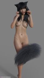 1girls 2020 3d arturiousdesign black_hair black_nail_polish black_nails bushy_tail cat_ears catgirl fangs female female_only lipstick looking_at_viewer medium_breasts nude nude_female pubic_hair red_lipstick sharp_teeth slushe_(website) solid_color_background solo solo_female standing tail trimmed_pubic_hair