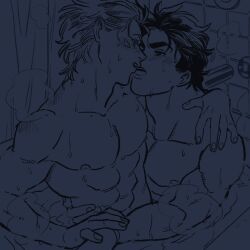 2boys bath battle_tendency caesar_zeppeli gay jojo's_bizarre_adventure joseph_joestar kissing male/male male_only muscular_male nude_male ohashi pectorals sweat tub yaoi