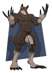 2016 5_fingers anthro brown_body brown_eyes brown_fur canid canine canis claws digital_media_(artwork) fingers flaccid foreskin full-length_portrait fur genitals hi_res inner_ear_fluff long_claws longblueclaw male mammal muscular muscular_anthro muscular_male nipple_piercing nipples pawpads paws penis piercing portrait pubes simple_background smile solo tan_body tan_fur tuft wolf