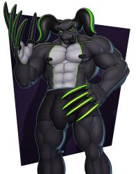 2016 abs anthro black_body bulge claws clothed clothing digital_media_(artwork) genital_outline green_eyes hi_res horn long_claws longblueclaw male muscular muscular_anthro muscular_male navel open_mouth penis_outline simple_background solo standing teeth tongue tongue_out underwear underwear_only white_body