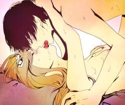 axis_powers_hetalia belarus_(hetalia) blonde_hair brown_hair closed_eyes lithuania_(hetalia) making_out male/female natalia_alfroskaya on_top straight sweat tongue_kiss toris_lorinaitis