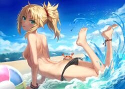 1girls anklet arched_back ass ass_cleavage bangle beach black_underwear blonde_hair bracelet breasts butt_crack crab fate/grand_order fate_(series) female female_only green_eyes high_resolution jewelry large_filesize long_hair medium_breasts mordred_(fate) nipples solo thighs tied_hair tonee tongue tongue_out topless underwear water