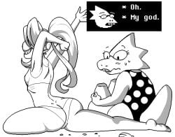 2015 2d 2girls alphys ass ass_awe ass_cleavage awe beach big_ass big_butt black_and_white blush butt_crack cameltoe crablouse dialogue english_text female female_only humanoid interspecies monochrome oekaki scalie source_not_archived splits stretching swimsuit text undertale undertale_(series) undyne yuri