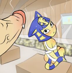 animal_crossing ankha ankha_(animal_crossing) anthro blue_hair blush domestic_cat duo eledensfw erection felid feline felis female female_focus fur hair humanoid_genitalia looking_back male male/female mammal mummy_wrappings nintendo nude sauna sitting video_games yellow_body yellow_fur