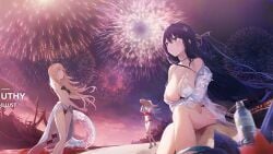 3girls azur_lane bare_legs bare_midriff bare_shoulders beach bikini black_hair blonde_hair breasts cleavage fireworks flowing_hair horns indomitable_(azur_lane) innertube large_breasts midriff official_art sand sarong see-through_bikini see-through_swimsuit sky strawhat sunhat sunset swimsuit tagme uthy vanguard_(azur_lane) water water_bottle white_hair