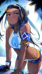 1girls :o alternate_hairstyle arm_band arm_support armlet armwear asymmetrical_gloves bare_shoulders belly belly_button belly_chain belt black_hair blue_eyes blue_eyeshadow blue_hair blush breasts clothing collar collarbone crop_top dark-skinned_female dark_skin earrings eye_contact eyelashes eyeshadow female female_only game_freak gym_leader hair_ornament handwear hi_res high_resolution highres hizake hoop_earrings human jewelry kashu_(hizake) leaning_forward long_hair looking_at_viewer makeup medium_breasts midriff multicolored_hair navel necklace nessa_(pokemon) nintendo off_shoulder open_mouth outdoors partially_submerged pierced_ears piercing piercings pokemon pokemon_(game) pokemon_ss short_shorts shorts sidelocks single_glove streaked_hair sunlight swimsuit tank_top tankini thin_waist two_tone_hair wet wet_clothes wide_eyed wristwear