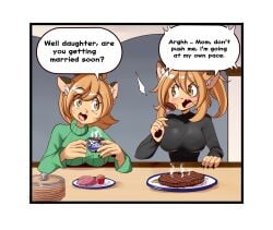 2girls animal_ears big_breasts breasts english_text female goya's_mom_(lucyfercomic) goya_(lucyfercomic) lucyfercomic multiple_girls original original_character original_characters speech_bubble tagme white_border