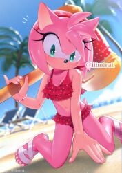 1girls amy_rose anthro beach big_breasts bikini blurry_background breasts cleavage clothed clothing female female_focus female_only iiimirai looking_at_viewer mammal sega solo sonic_(series) sonic_the_hedgehog_(series) swimwear