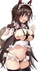 animal_ears bangs black_hair black_legwear blush breasts efe female flustered hair_between_eyes highres kagerou_imaizumi large_breasts maid maid_headdress navel open_mouth parted_lips shiny shiny_hair simple_background solo tail thighhighs thighs touhou white_background white_headwear wide_hips