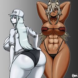 2girls abs armpits ass big_ass big_butt busty butt cells_at_work cells_at_work_code_black crossover dark-skinned_female dark_skin female female_only ghislaine_dedoldia hands_behind_head hataraku_saibou hataraku_saibou_black huge_ass huge_butt large_ass large_butt long_hair multiple_girls muscular muscular_female mushoku_tensei normi thick_thighs thighs u-1196 voluptuous white_blood_cell_(hataraku_saibou) white_body white_hair white_skin