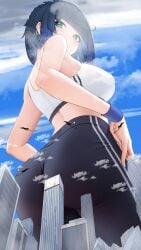 airplane anime_style ass black_pants blue_eyes blue_hair buildings city clouds cloudscape day earrings explosion from_below giantess handband looking_down low_angle macrophilia midriff short_hair sky twitter white_shirt