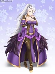 1girls alternate_costume blue_eyes bodystocking breasts bride cleavage cosplay eir_(fire_emblem) female female_only fire_emblem fire_emblem_awakening fire_emblem_heroes grey_hair large_breasts long_hair looking_at_viewer nintendo patdarux ponytail solo tharja_(fire_emblem)_(cosplay) very_long_hair wedding_dress