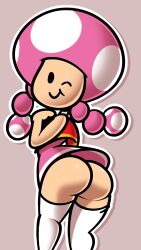 1girls :t adorable ass bare_shoulders big_ass big_butt black_eyes bottomless butt clothed clothing cute cute_expression cute_face dat_ass dress female female_only humanoid light-skinned_female light_skin looking_at_viewer mario_(series) mob_face mushroom mushroom_humanoid nintendo no_nose paper_mario pigtails red_vest simple_background smile solo stockings thick thick_ass thick_hips thick_thighs thighhighs toadette twintails upskirt vest vilepluff white_stockings white_thighhighs wide_hips wink winking winking_at_viewer