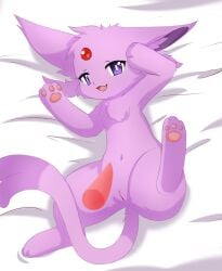 animal_genitalia animal_penis bed disembodied_penis eeveelution espeon feral fur furniture genitals hi_res kryztar looking_at_viewer lying male navel nintendo nude on_bed pawpads paws penis pink_body pink_fur pokémon_(species) pokemon purple_eyes pussy solo video_games