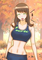 alluring athletic_female autumn_leaves brown_hair closed_eyes female fit_female forest hayami_sena highres laughing mashin_sentai_kiramager mokuro mokuro_(artist) nature sena_hayami sports_bra super_sentai track_and_field_outfit