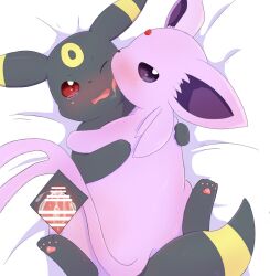 black_body censored duo eeveelution espeon female feral feral_on_feral genitals kissing looking_at_viewer male male/female nintendo penetration penis pink_body pokémon_(species) pokemon pokemon_(species) rumine umbreon video_games