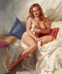 1girls 20th_century areolae big_breasts breasts brown_hair chubby chubby_female female female_only gil_elvgren jewelry looking_at_viewer nipples nude original painting_(artwork) pillow pinup pinup_girl portrait smile solo straight_hair thick_thighs traditional_media_(artwork) vintage