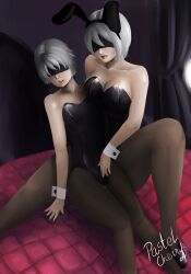 1boy 1girls blindfold breasts bulge bunny_ears bunnysuit crossdressing female femboy hairband light-skinned_female light-skinned_male light_skin male nier nier:_automata pastelcherry penis_under_clothes thick_thighs trap white_hair yorha_2b yorha_9s