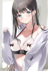 1girls 2sham absurdres bad_id bad_pixiv_id bangs bare_shoulders black_hair blue_eyes blurry blurry_background blush bow bow_bra bra breasts cleavage closed_mouth collarbone collared_shirt commentary_request depth_of_field dress_shirt female female_only hand_up head_tilt highres long_hair long_sleeves looking_at_viewer medium_breasts off_shoulder open_clothes open_shirt original pinching_sleeves shirt sleeves_past_wrists solo underwear upper_body very_long_hair white_bra white_shirt