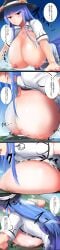 blue_hair blush breast_crush city destruction exrumya giantess gigantic_breasts hat huge_breasts licking_lips mountain nipples red_eyes smile speech_bubble tenshi_hinanawi touhou