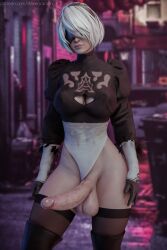 1futa 3d balls big_balls big_penis blindfold breasts clothing erect_penis erection futa_only futanari hairband intersex leotard leotard_aside light-skinned_futa light_skin nier nier:_automata penis solo standing stevencarson testicles thighhighs white_hair yorha_2b