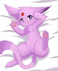 bed eeveelution espeon feral fur furniture genitals hi_res kryztar looking_at_viewer lying navel nintendo nude on_bed pawpads paws pink_body pink_fur pokémon_(species) pokemon purple_eyes pussy solo video_games