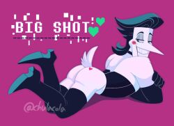 1boy 1male addison_(deltarune) ass black_hair darkner deltarune deltarune_chapter_2 gay heels male male_only no_humans non-human non-human_only painful_misuse_of_the_term_big_shot puppet solo solo_male spamton_g_spamton tail white_body