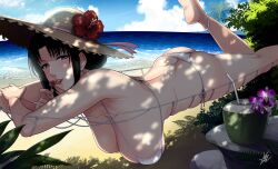 beach beach_hat female hammock hanging_breasts large_breasts licking_lollipop lollipop looking_at_viewer mature_female milf mole mole_under_mouth on_stomach outdoors solo solo_female swimsuit white_bikini xtermination