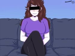 1girls 2021 big_breasts black_pants blush blushing_at_viewer censor_bar censored couch female_only front_view fully_clothed hikikomori indoors jaiden jaiden_animations long_hair shirt signature sitting solo solo_female solo_focus youtube