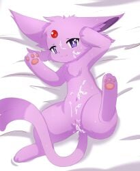 animal_genitalia animal_penis bed bodily_fluids cum cum_in_pussy cum_inside cum_on_body eeveelution espeon female feral fur furniture genital_fluids genitals hi_res kryztar looking_at_viewer lying navel nintendo nude on_bed pawpads paws penis pink_body pink_fur pokémon_(species) pokemon purple_eyes pussy solo video_games