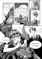 ambiguous_gender androgynous arched_back bangs blowjob blush blush_lines censored censored_penis comic gem hand_on_penis hertro humanoid jade_(land_of_the_lustrous) kongo-sensei land_of_the_lustrous light_skin looking_at_another monochrome mosaic_censoring motion_lines panels phosphophyllite pixiv shaking shaking_lines shocked shocked_expression short_hair suit sun_rays tagme text text_bubble tie uniform