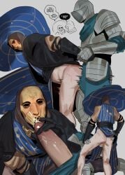 2boys anal anal_sex arm_grab armor backsack balls bent_over big_penis bottomless clothed_sex cowl cum_on_face cum_on_mask dialogue elden_ring english_text erection facial francishsie from_behind fromsoftware gay hat hood implied_anal knight male male_only mask masked masked_male motion_lines penis preceptor_seluvis sex speech_bubble tarnished uncensored wizard_hat yaoi