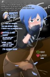 artist baggy_pants blue_eyes blue_hair blush english_text fapping femboy fingerless_gloves hoodie jerking male_focus male_only oc pants_down public_masturbation self_insert sneaky stealth_masturbation text trap zukafu_shimoto zukafu_shimoto_(character)