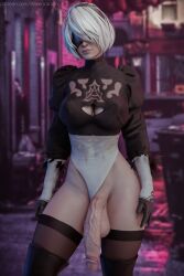 1futa 3d balls big_balls big_penis blindfold breasts clothing flaccid futa_only futanari hairband intersex leotard leotard_aside light-skinned_futa light_skin nier nier:_automata penis solo standing stevencarson testicles thighhighs white_hair yorha_2b