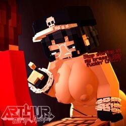 1boy 1girls 3d angry arthur32 big_breasts black_hair breasts chains choker dialogue ear_piercing fea_(arthur32) female glasses gloves hat huge_breasts looking_at_another male mine-imator minecraft original_character panties piercing pointing pointing_at_another profanity topless