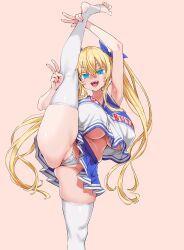 asanagi big_breasts blonde_female blonde_hair blue_eyes cheerleader cheerleader_uniform curvy hair_ribbon huge_breasts looking_at_viewer pale-skinned_female pale_skin panties peace_sign short_stack shortstack standing_split thick_thighs thighhighs twintails underboob