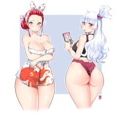 2022 2girls ass blue_eyes blush breast_size_difference breasts female female_only hips kenron_toqueen large_ass large_breasts long_hair looking_at_viewer octoosr original original_character purple_eyes red_hair simple_background slim_waist thick_thighs thighs tied_hair tomatita white_hair wide_hips