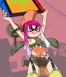 1girls blush concerned costume countdown digital_drawing_(artwork) digital_media_(artwork) holding_object holding_sign inkling inkling_girl nintendo nintendo_switch panties purple_eyes purple_hair salmonid salmonid_(cosplay) salmonid_(splatoon) splatoon splatoon_2 tsuwitchii84